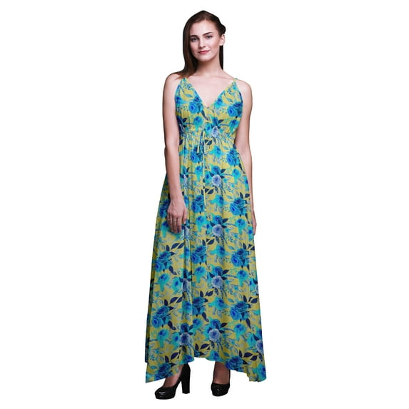 Bimba Floral Ladies Printed Resort Maxi Drawstring Dress Spaghetti Strap Beach Wear-XX-Large