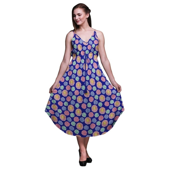 Bimba Floral Ladies Printed Resort Midi Drawstring Dress Spaghetti Strap Beach Wear-X-Small