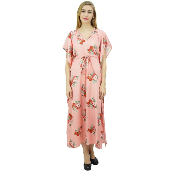 Bimba Floral Peach Satin Kimono Long Bridesmaid Cover Up Drawstring Kaftan - 16