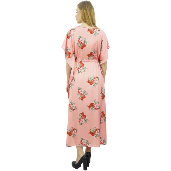 Bimba Floral Peach Satin Kimono Long Bridesmaid Cover Up Drawstring Kaftan - 8