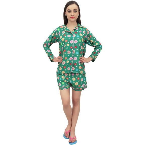 Bimba Floral Print Green Button-Down Shirt And Shorts 2 Pcs Nightwear Set - 24