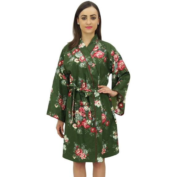 Bimba Floral Printed Olive Green Short Kimono Robe Bridesmaid Nightwear Wrap-16