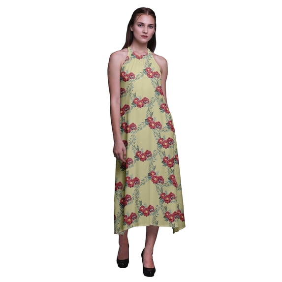 Bimba Floral Printed Women Backless Halter Neck Summer Holiday Beach Dress-Large