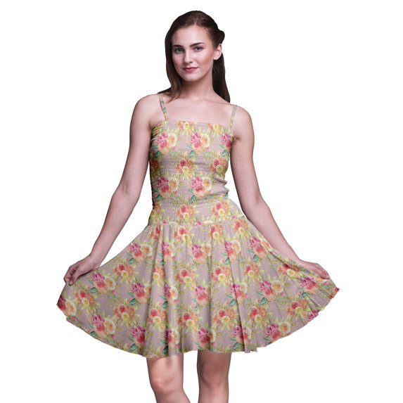 Bimba Floral Printed Women Smocked Waist Top Spaghetti Strap Mini Sun Dress-Small