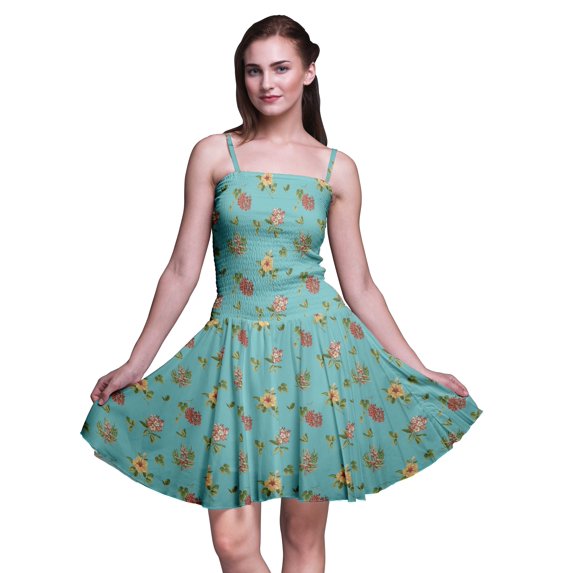 Bimba Floral Printed Women Smocked Waist Top Spaghetti Strap Mini Sun Dress-Small