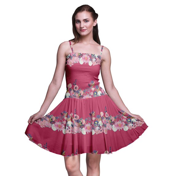 Bimba Floral Printed Women Smocked Waist Top Spaghetti Strap Mini Sun Dress-X-Small