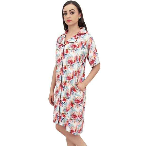 Bimba Floral Printed Women's Notched Collar Shirt Night Dress With Pockets - 10