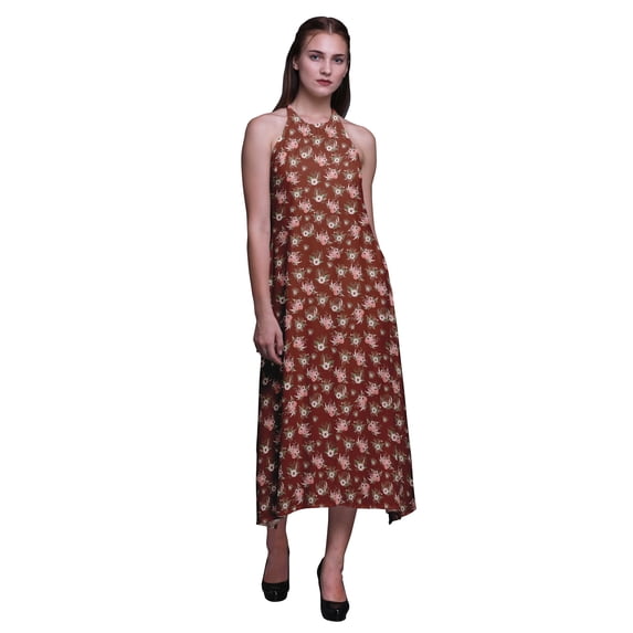 Bimba Floral Summer Holiday Party Halter Neck Beachwear Women Backless Dress-X-Large