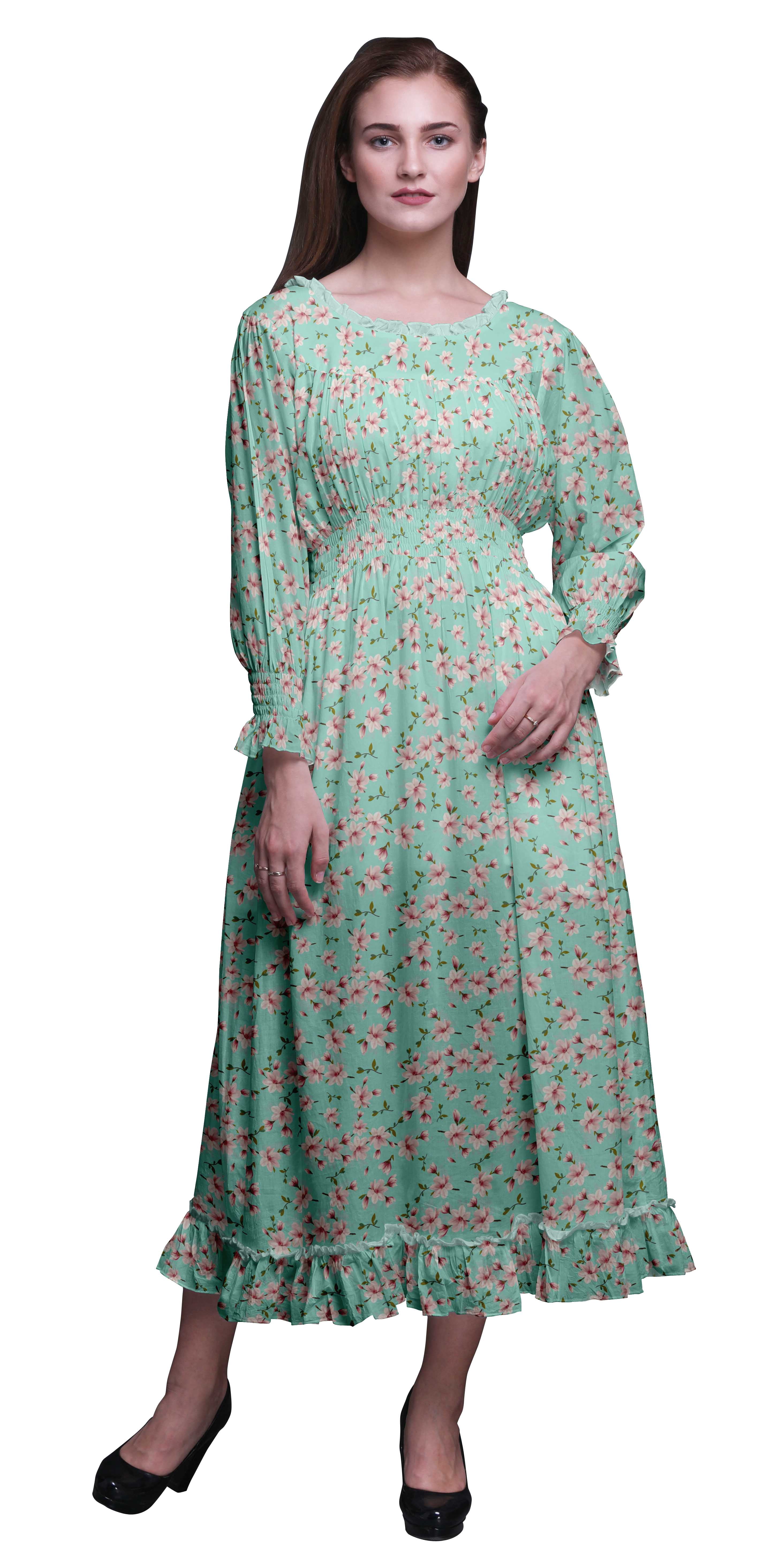 Bimba Floral Women Cotton Smocked Boho Renaissance Long Ruffle MaxiÂ ...