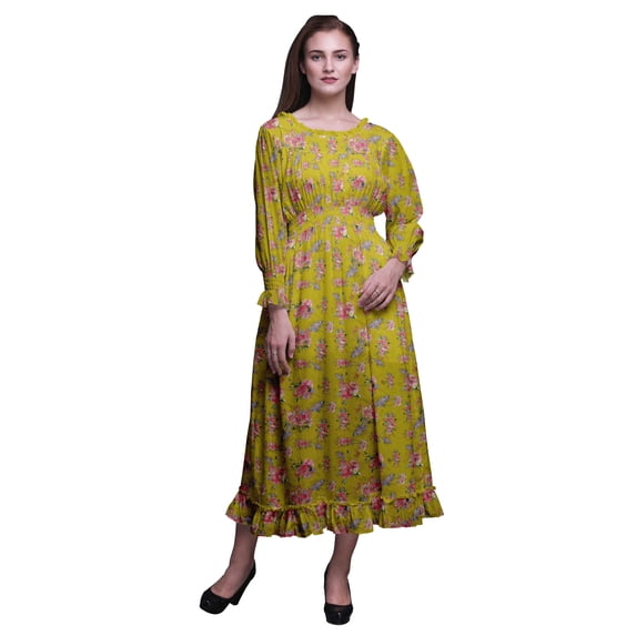 Bimba Floral Women Long Sleeve Smocked Dress Round Neck Ruffle Summer Maxi-Small