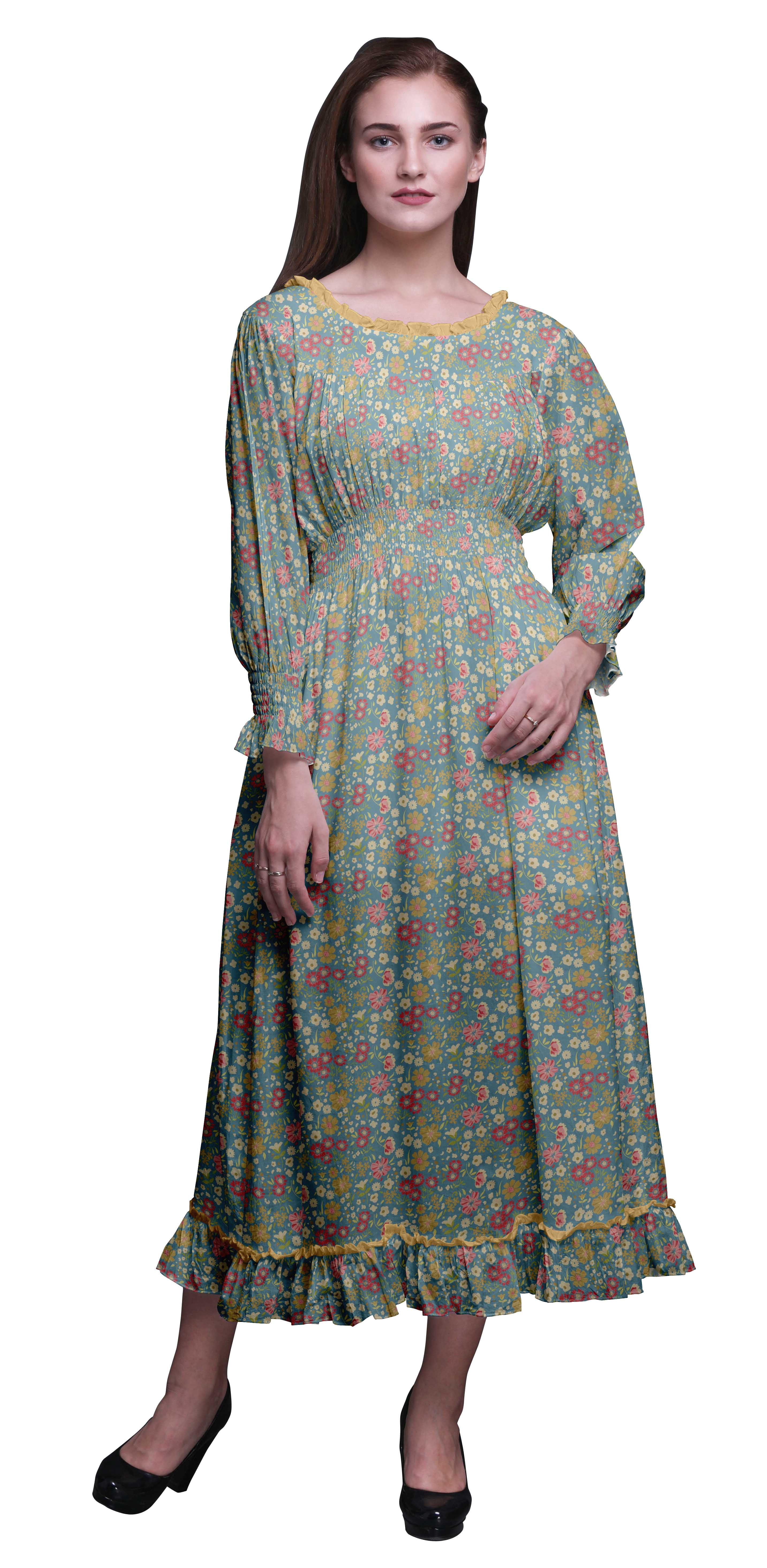 Bimba Women's Long Sleeve Smocked Maxi Dress - Cotton, Round Neck, Ruffle Hem, Boho Style