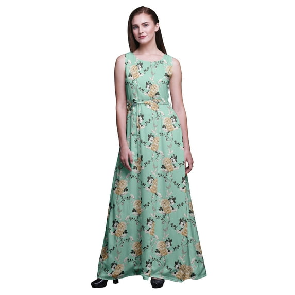 Bimba Floral Women Long Tank Maxi Dress Round Neck Printed Party Gown-Large
