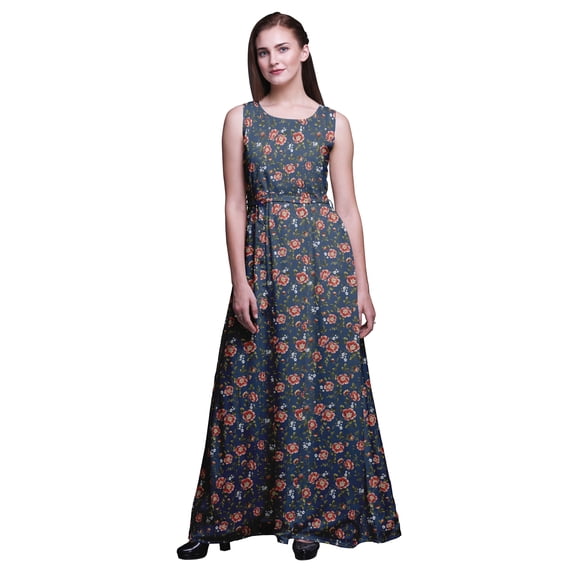 Bimba Floral Women Long Tank Maxi Dress Round Neck Printed Party Gown-XXX-Large