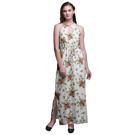Bimba Floral Women Printed Crew Neck Side Slits Halter Dress Long Evening Gown-X-Large