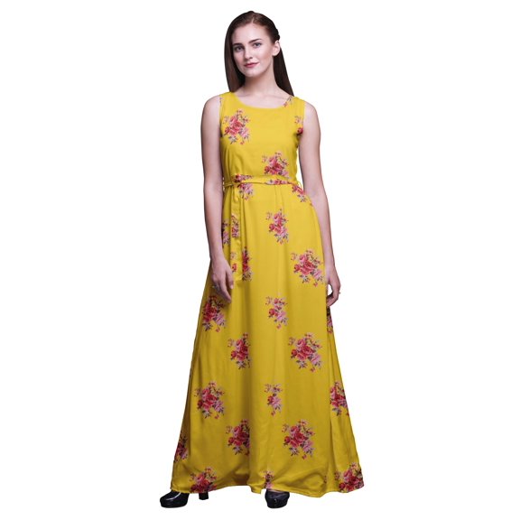 Bimba Floral Women Round Neck Printed Evening Party Dress Sleeveless Gown-Large