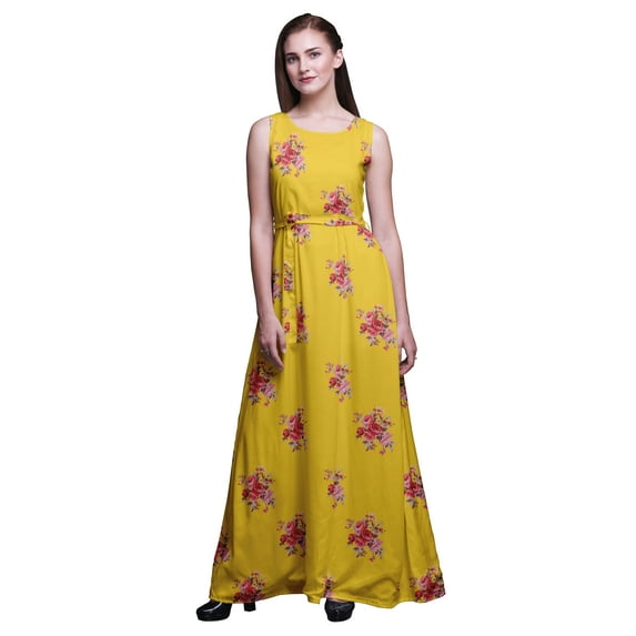 Bimba Floral Women Round Neck Printed Evening Party Dress Sleeveless Gown-Large