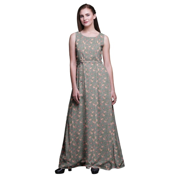Bimba Floral Women Round Neck Printed Evening Party Dress Sleeveless Gown-Small
