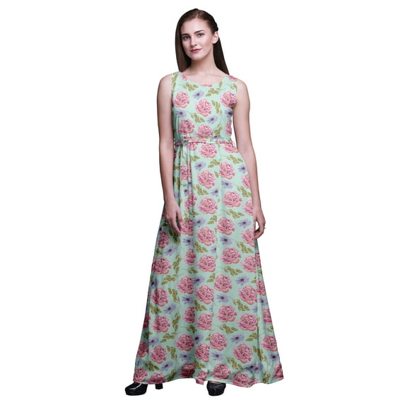 Bimba Floral Women Round Neck Printed Evening Party Dress Sleeveless Gown-X-Large