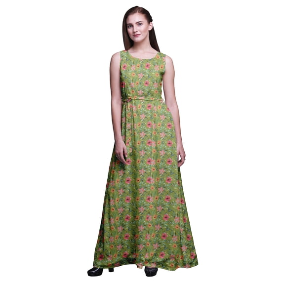Bimba Floral Women Round Neck Printed Evening Party Dress Sleeveless Gown-X-Large