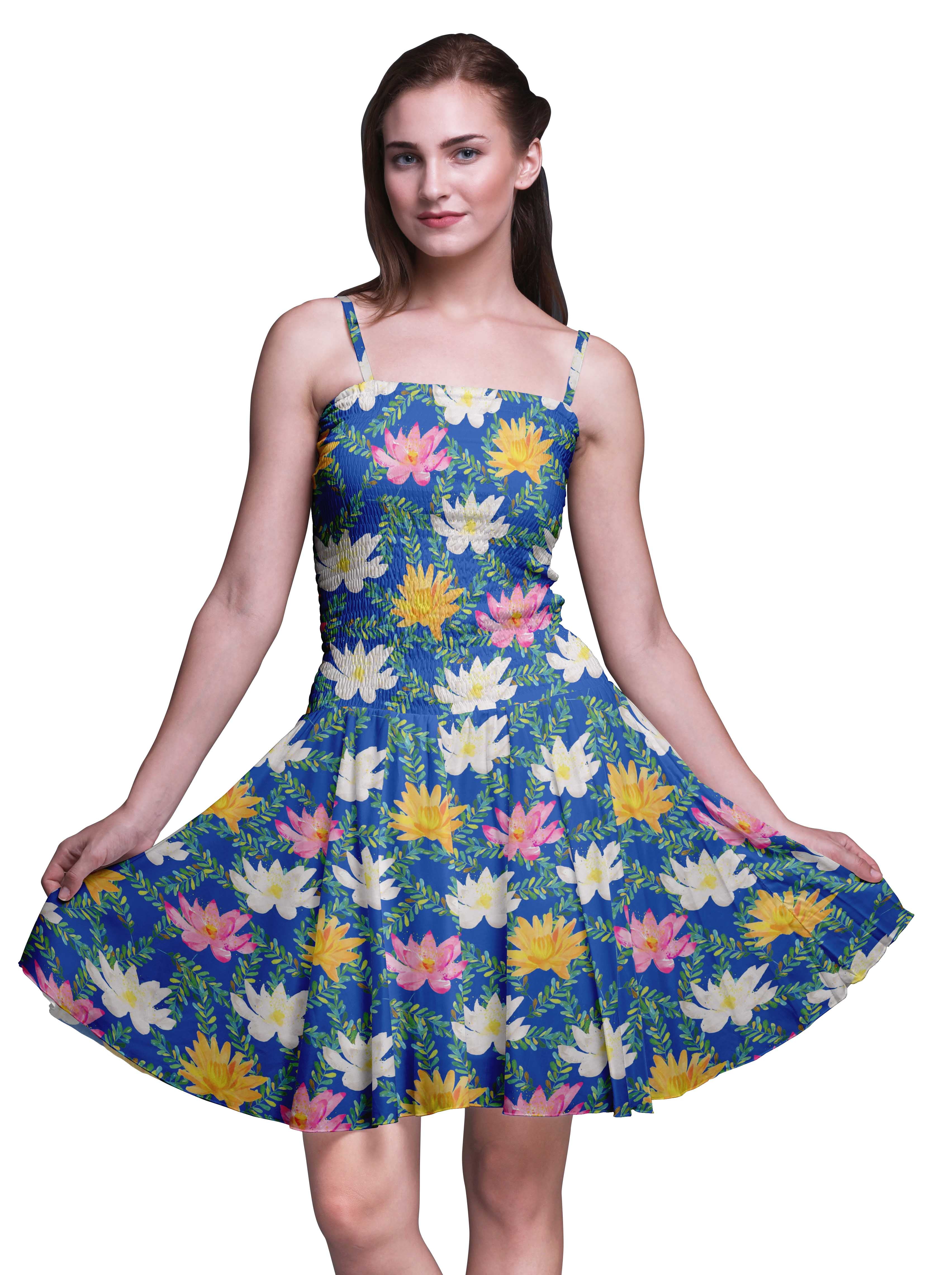 Bimba Floral Women Smocked Above Knee Cocktail Dress Flowy Summer Sun ...