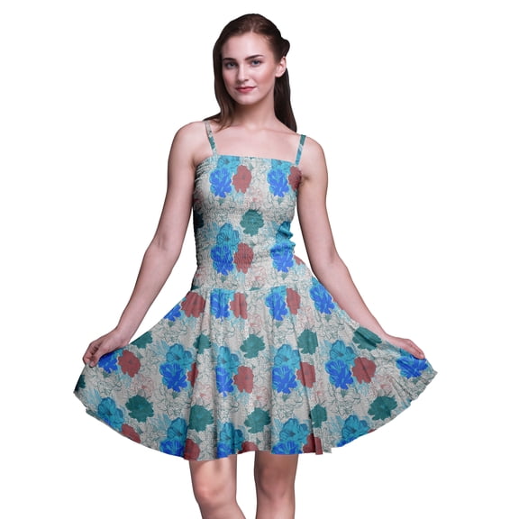 Bimba Floral Women Smocked Above Knee Cocktail Dress Flowy Summer Sun Dress-Medium