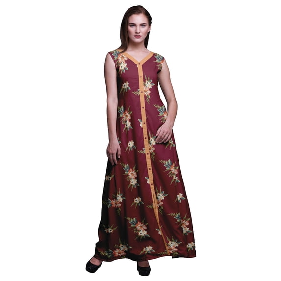Bimba Floral Women V Neck Sleeveless Front Slit Casual Maxi Printed Boho Dress-Small