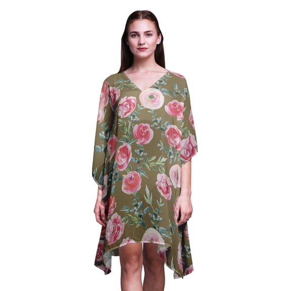 Bimba Flower BeachÂ KaftanBikini Cover up Womenâ€™s Midi Dress Short Caftan-S-L Dusty Green
