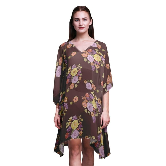 Bimba Flower Short Caftan Midi Dress Beach Swimwear Cover up Womens Kaftan-XL-3X Brown