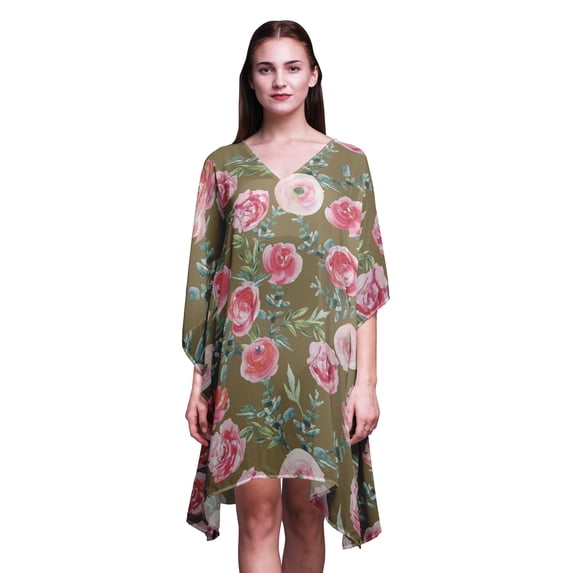 Bimba Flower Short Caftan Midi Dress Beach Swimwear Cover up Womens Kaftan-XL-3X Dusty Green