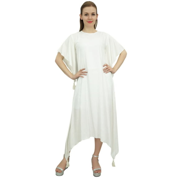 Bimba Full Length Women Casual Asymmetrical White Tassels Hem Dress With Scarf - 14