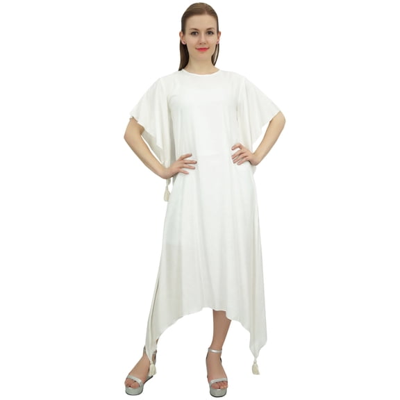 Bimba Full Length Women Casual Asymmetrical White Tassels Hem Dress With Scarf - 30