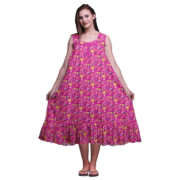 Bimba Fuschia Pink Floral Artistic Dragonfly & Sleeveless Cotton Nightgowns For Women Printed Mid-Calf Length Sleepwear XXX-Large
