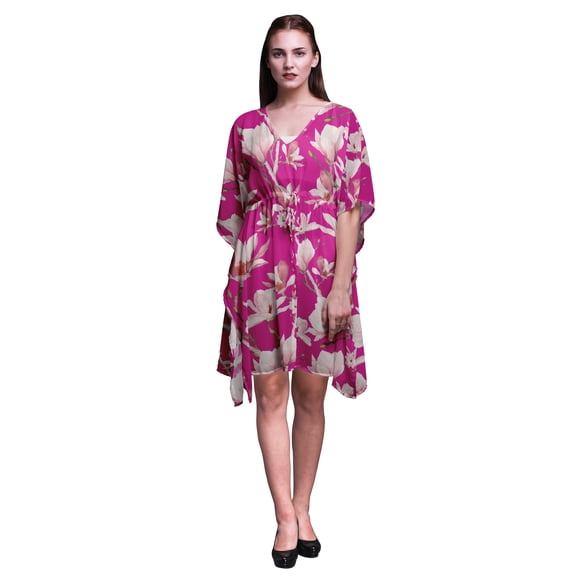 Bimba Fuschia Pink Floral Saucer Magnolia Womens Short Beach Kaftan Beachwear Bikini Coverup Midi Dress-S-L