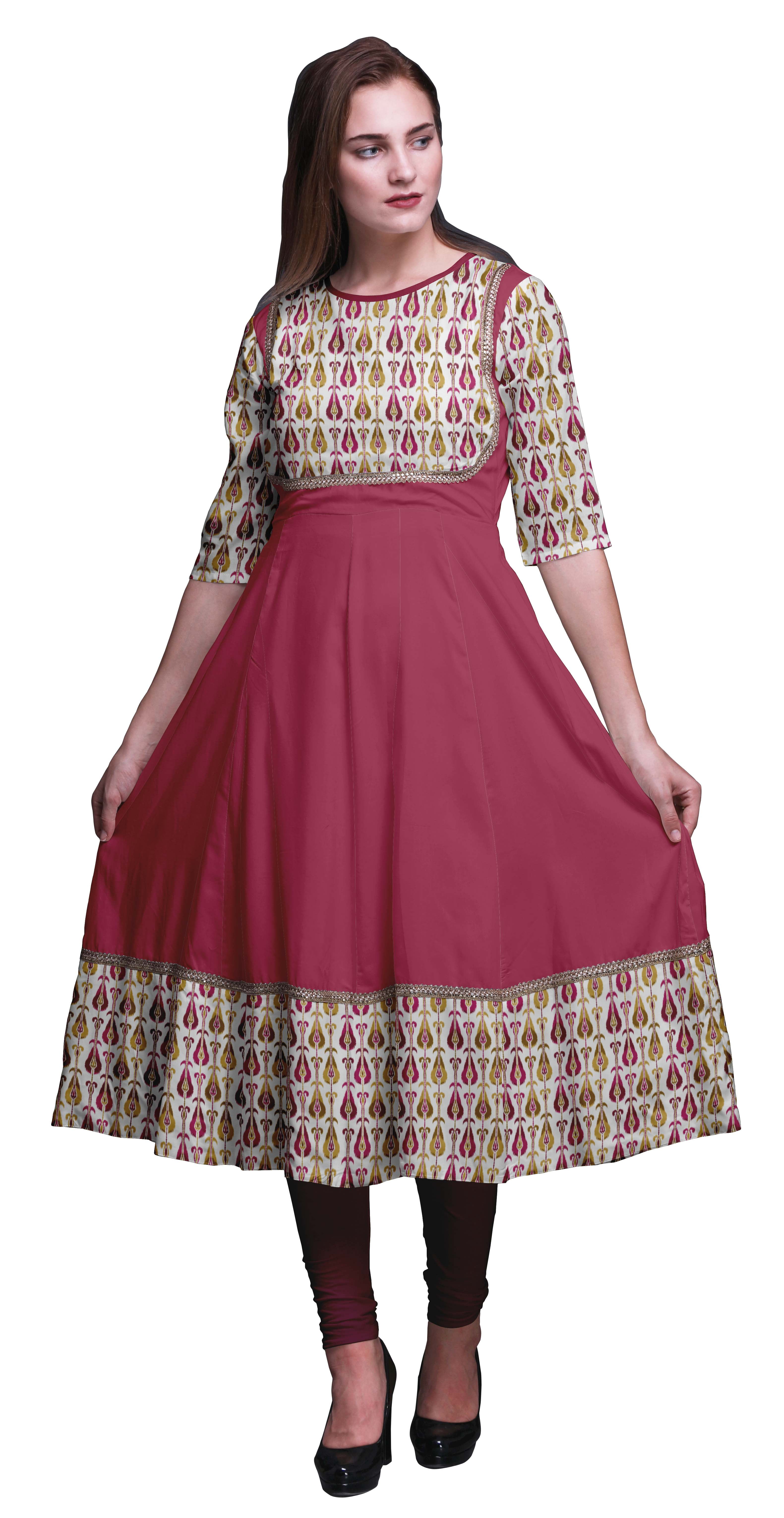 Bimba Women's Peach Flared Anarkali Kurta - Cotton, 50 Inch Length, 3/4 Sleeves, Floral Design - View #4