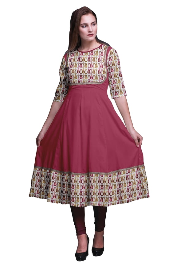 Fuschia Pink Ikat Ethnic Printed Indian Kurtis For Women Anarkali Kurti Maxi Casual Dress Small