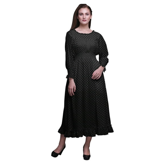 Bimba Geometric Women Cotton Smocked Boho Renaissance Long Ruffle Maxi Dress-Medium