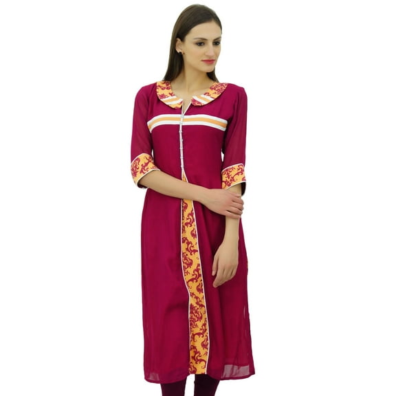 Bimba Georgette Maroon Straight Kurta Tunic Top Collar Neck 3/4 Sleeve Kurti
