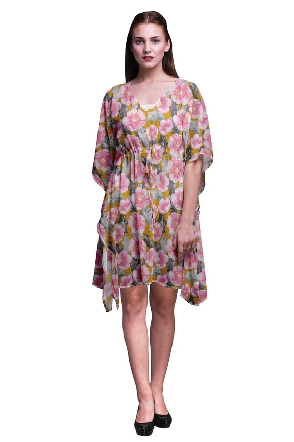 Goldenrod Floral Holly Leaves & Blossom Short Caftan Midi Dress Beach Swimwear Cover up Womens Kaftan-XL-3X