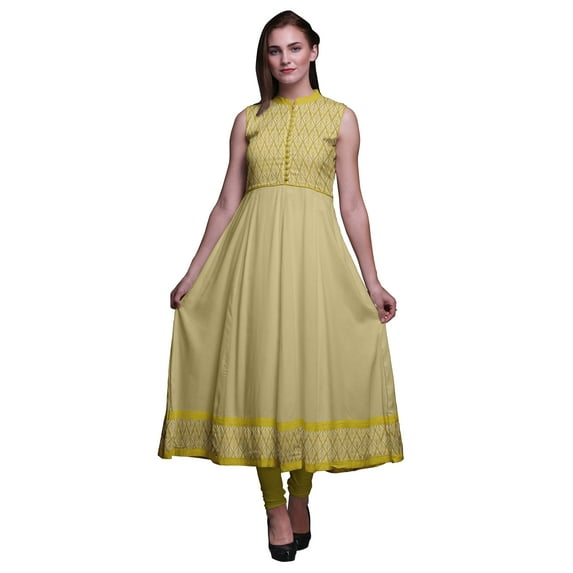 Bimba Goldenrod Leaves Anarkali Dress Mandarin Collar Sleeveless Kurtis for Women Print Maxi Dress X-Large