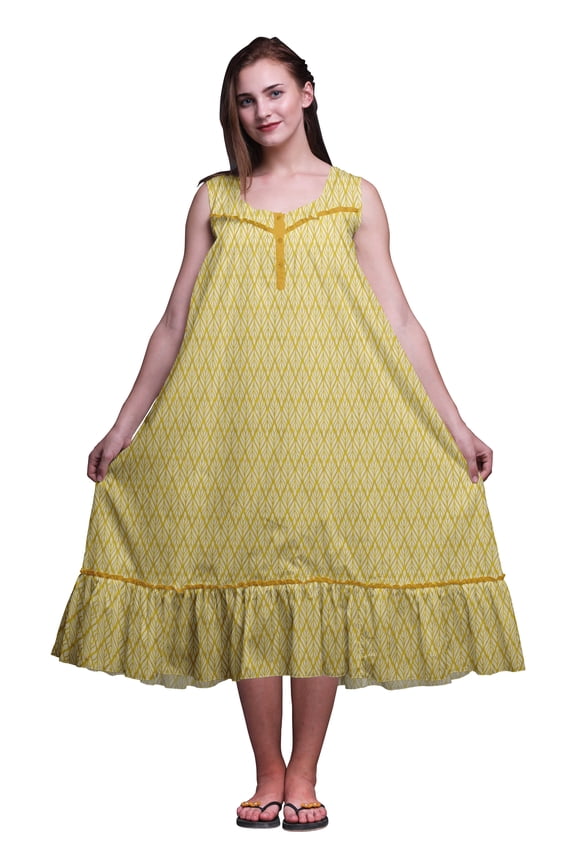 Goldenrod3 Leaves Monstera Sleeveless Night Gown For Womens Cotton Printed Nightwear Ladies Sleepwear X-Small