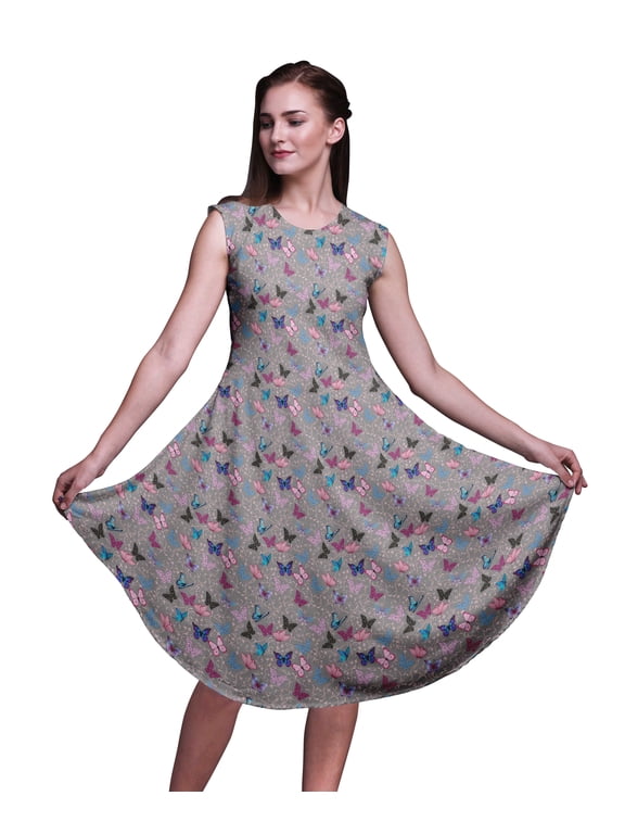 Gray Artistic Women Printed Knee Length Sleeveless Shift Summer Dress-Small