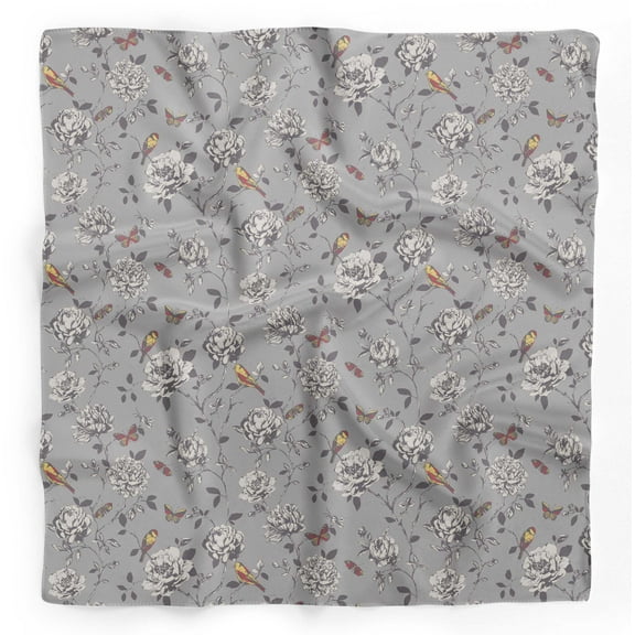 Bimba Gray Bird & Floral Printed Pure Silk Scarf For Hair Neck Head Bandanas For Women 40 x 40 Inches