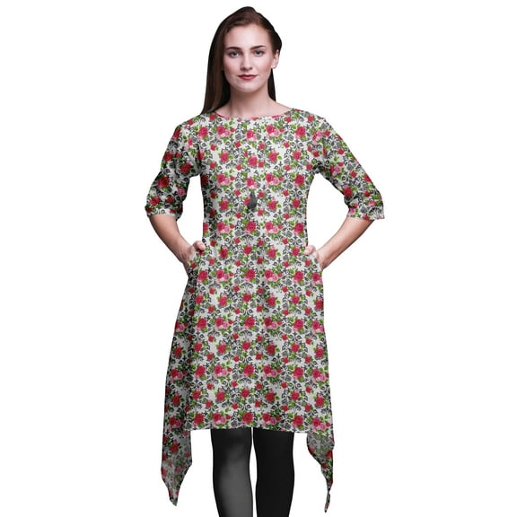 Bimba Gray Damask Floral Women Kurtas Ethnic Printed Asymmetric Summer Wear Tops For Women Large