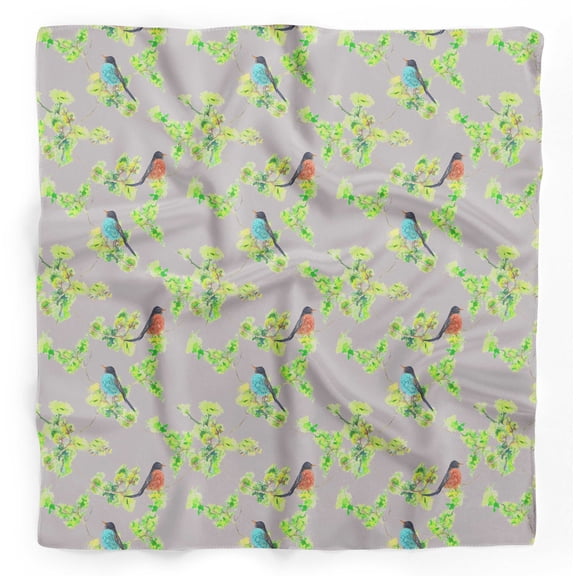 Bimba Gray Floral & American Robin Watercolor Printed Pure Silk Scarf Neck Wrap Summer Hair Bandanas For Women 40 x 40 Inches