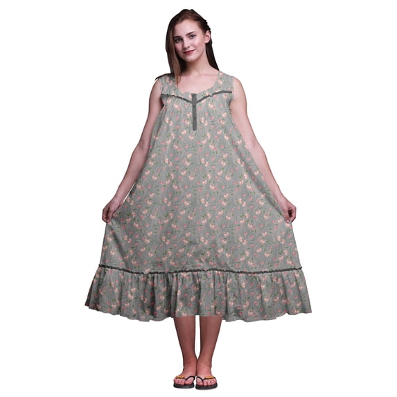 Bimba Gray Floral Leaves & Tulip Sleeveless Cotton Nightgowns For Women Printed Mid-Calf Length Sleepwear Medium