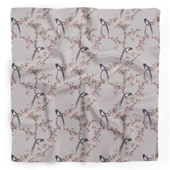 Bimba Gray Floral & Paradise Whydah Bird Printed Pure Silk Scarf Neck Wrap Summer Hair Bandanas For Women 40 x 40 Inches
