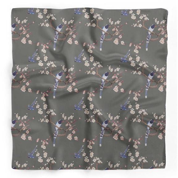 Bimba Gray Floral & Pin Tailed Whydah Bird Printed Pure Silk Scarf Neck Wrap Summer Hair Bandanas For Women 40 x 80 Inches