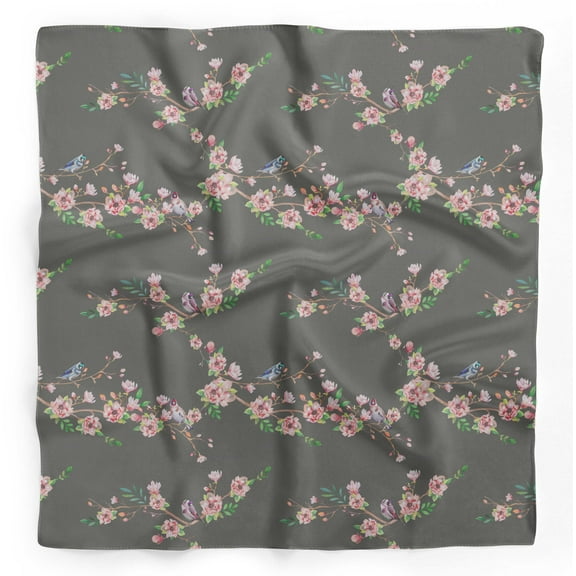 Bimba Gray Flower & American Goldfinch Bird Printed Pure Silk Scarf For Hair Neck Head Bandanas For Women 40 x 80 Inches