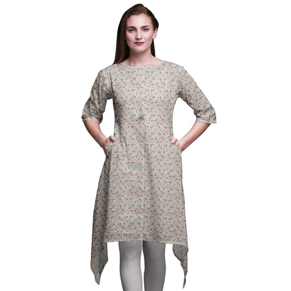 Bimba Gray Leaves & Buds Floral Printed Tops For Women Asymmetric Kurti Summer Dress For Girls XSmall