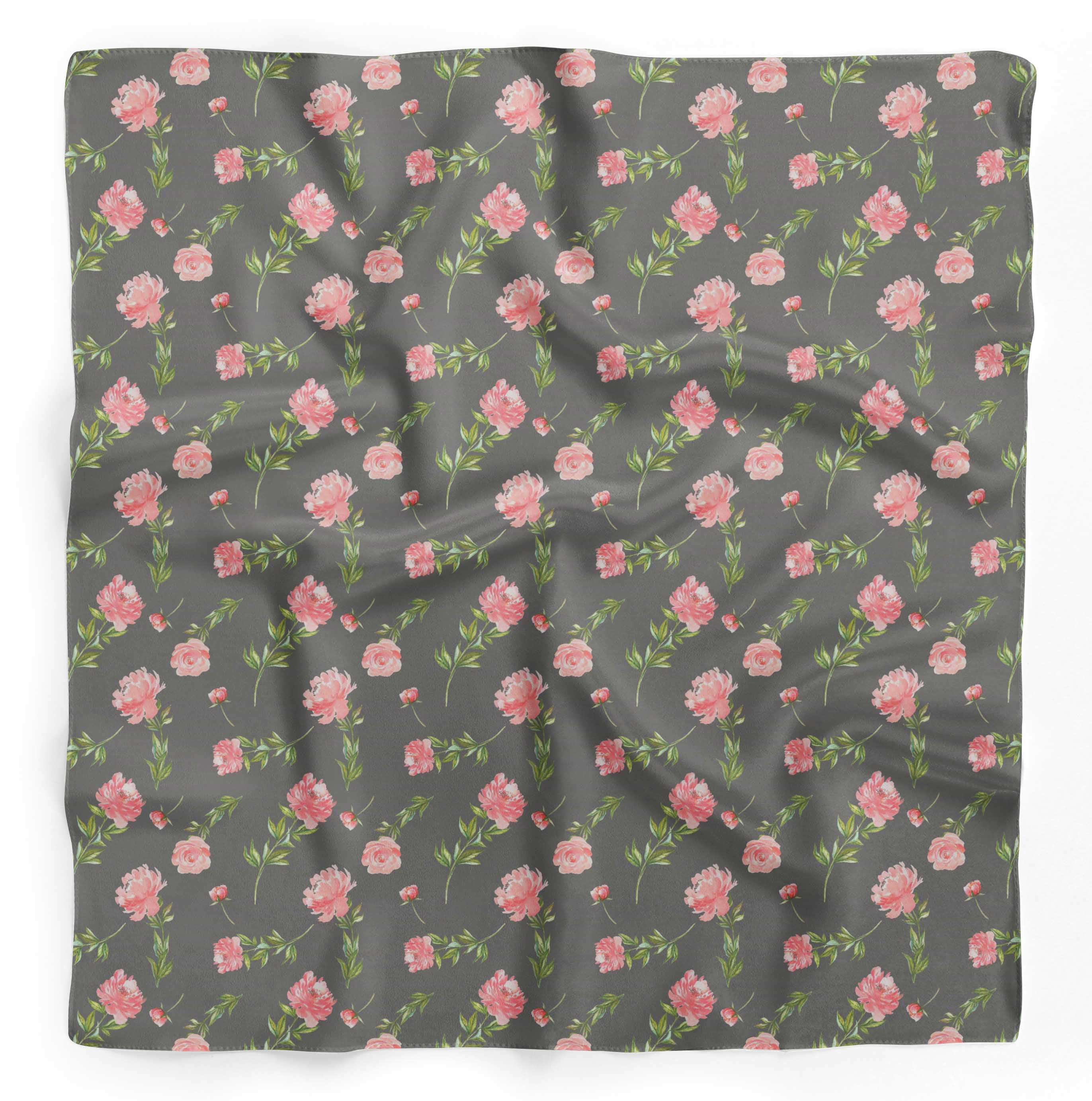 Bimba Gray Leaves & Ranunculus Tango Floral Pure Silk Printed Head ...